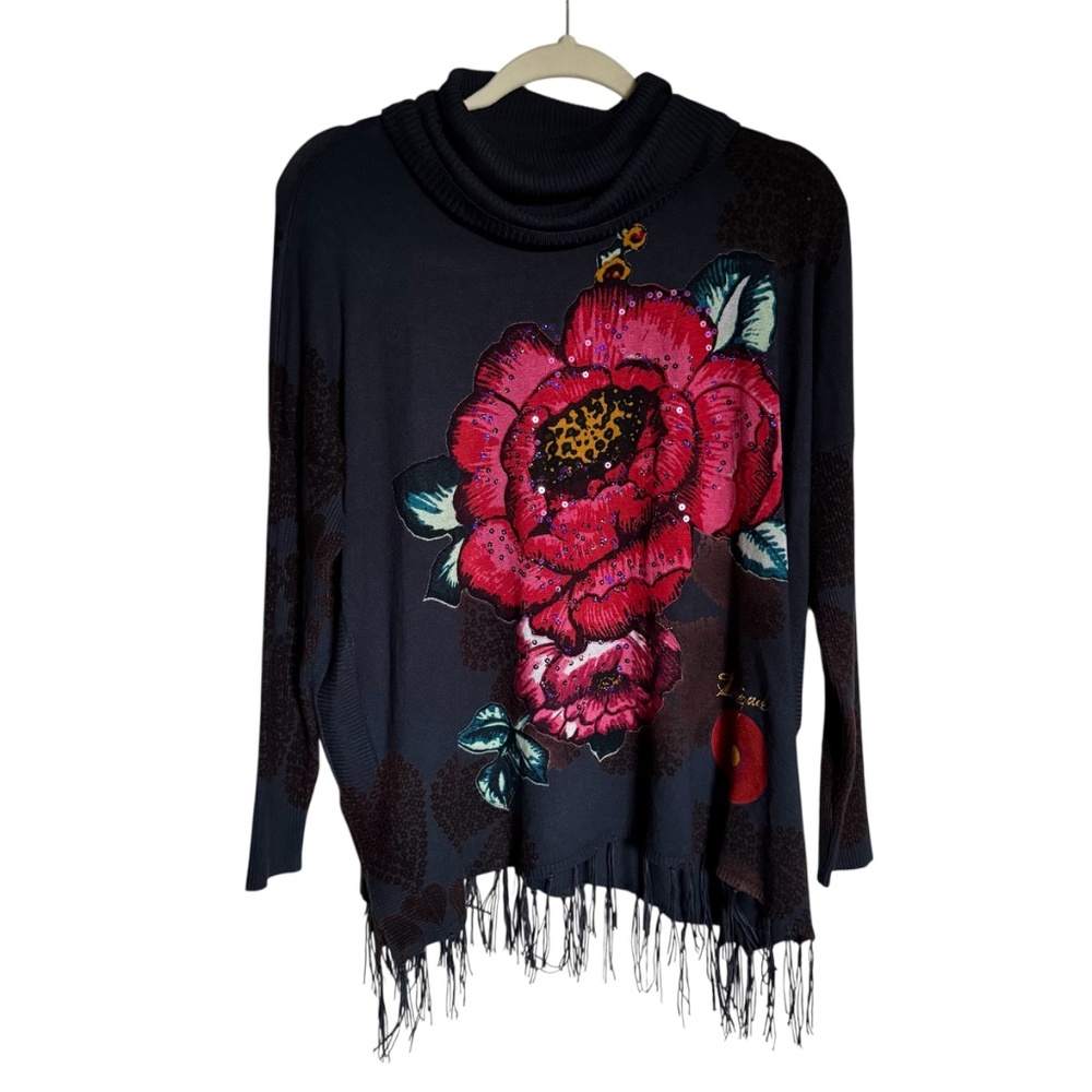 Desigual Floral Cowl Neck Sweater Fringe Sequins